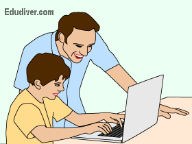 Dibujo de un padre con su hijo, accediendo a Internet con un ordenador