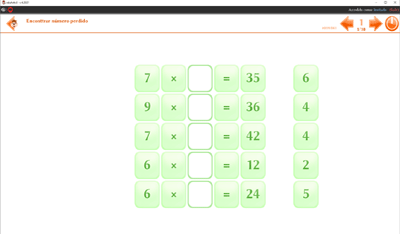 Captura de pantalla del programa "eduActiv8". Multiplicaciones, encontrar número perdido.