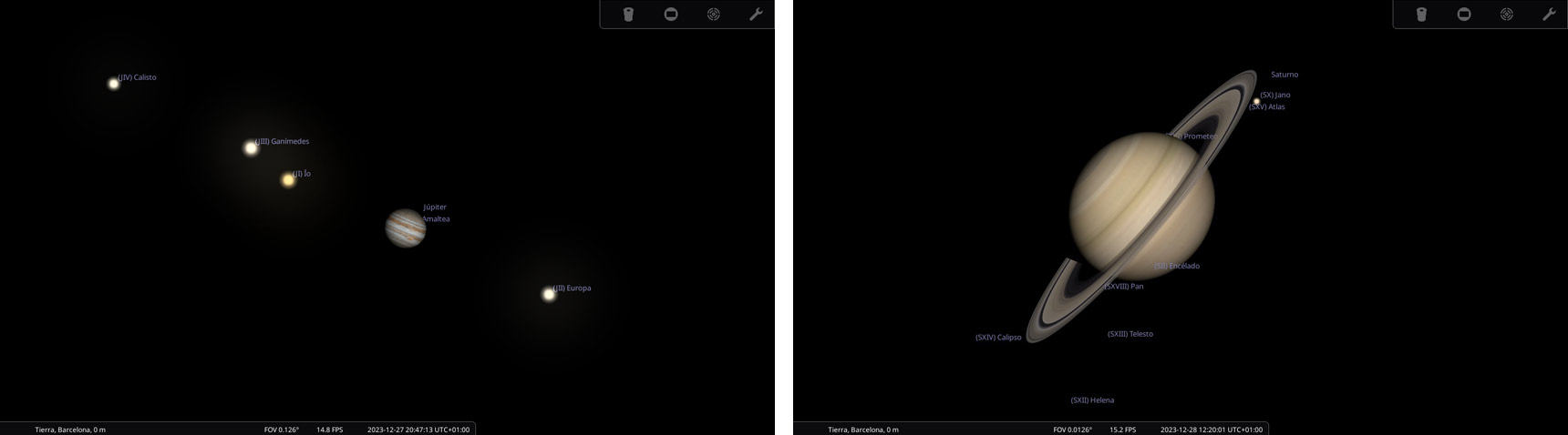 Dos capturas de pantalla de Stellarium, una de Júpiter con sus satélites y otra de Saturno.