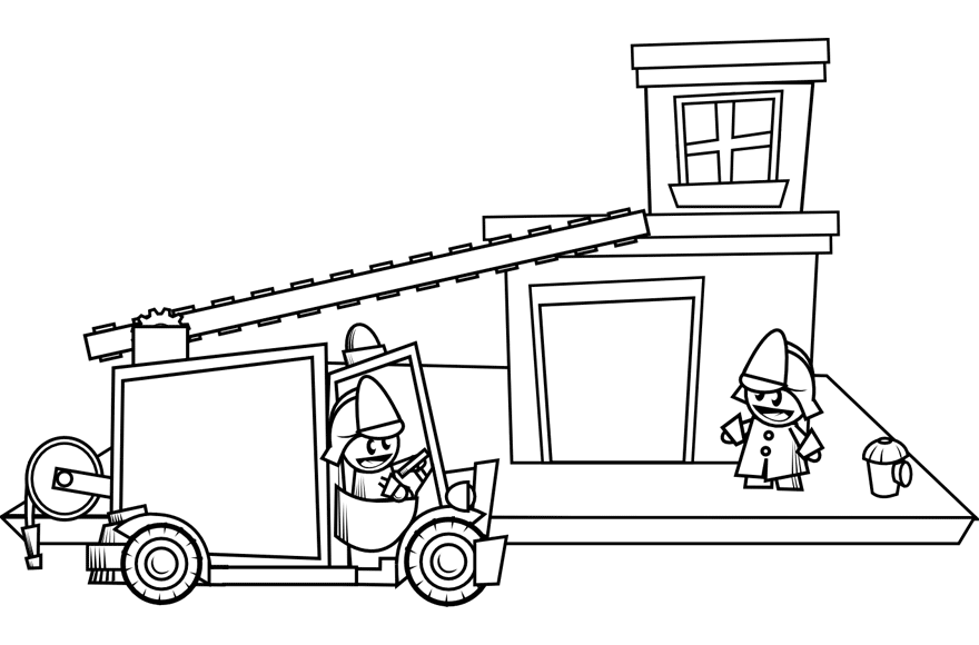 Dibujo de unos bomberos acercandose a una casa