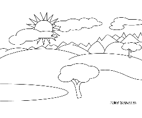 Dibujo de unas monta&ntilde;as con un lago